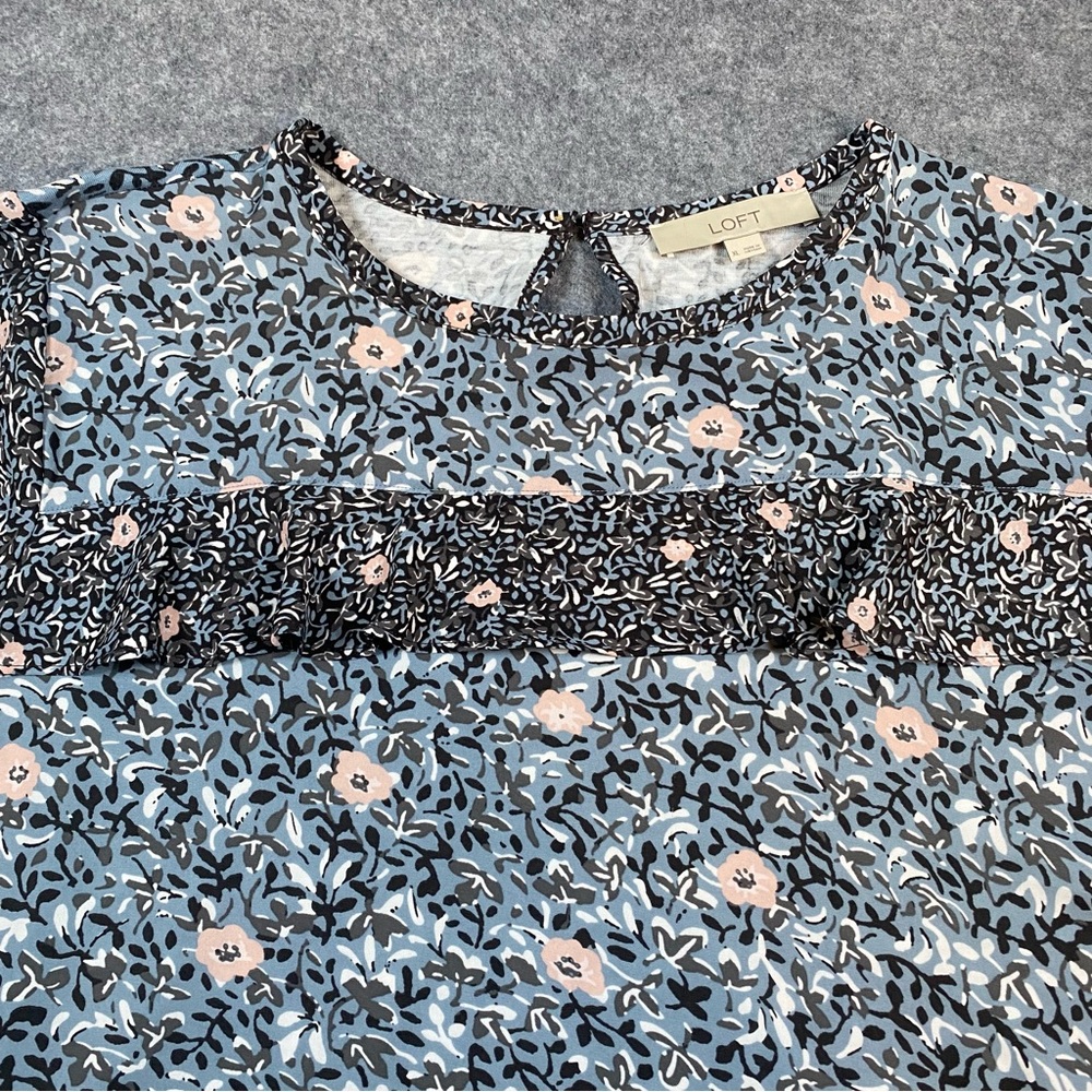 LOFT Blouse Floral Bell Sleeve Ruffle Multicolor Round Neck Casual Top Womens XL - Picture 3 of 11